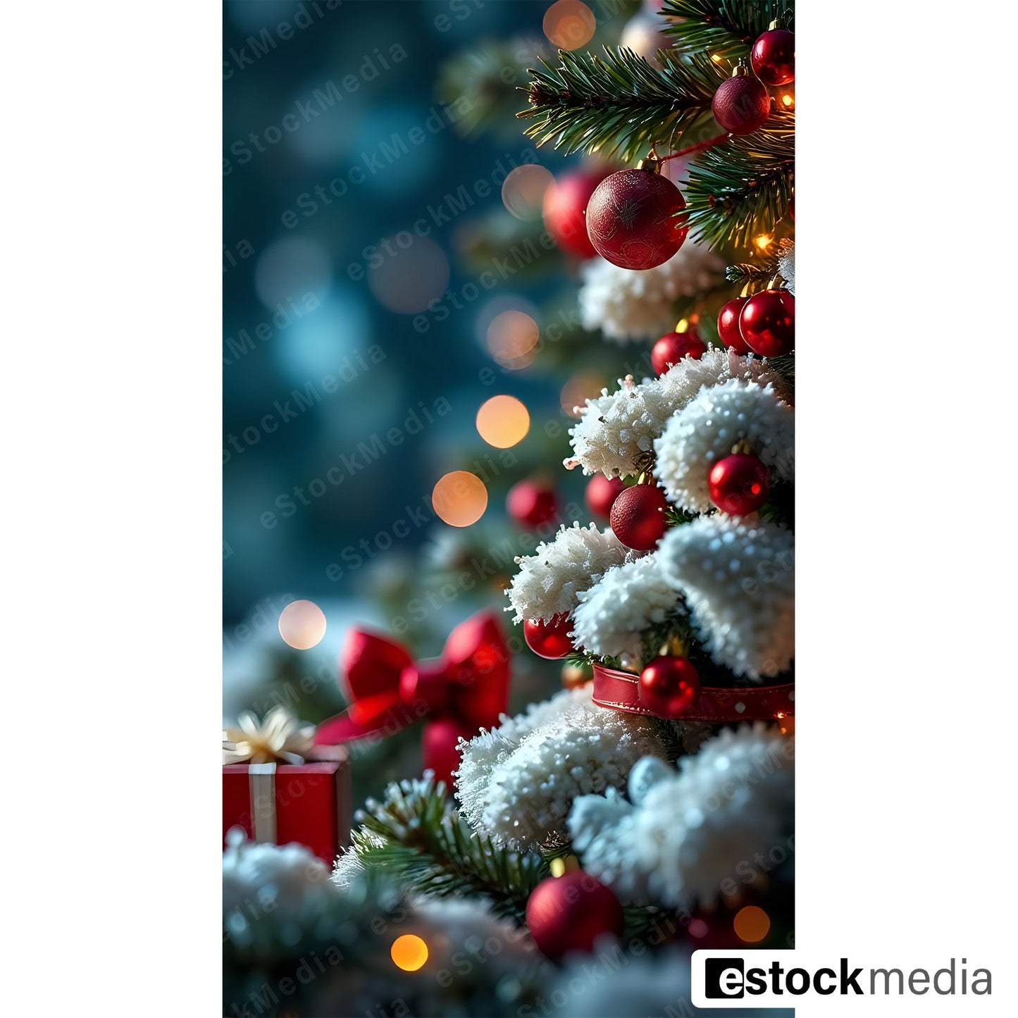 Close-up of a Christmas tree with white decorations, red ornaments, and a gift box.