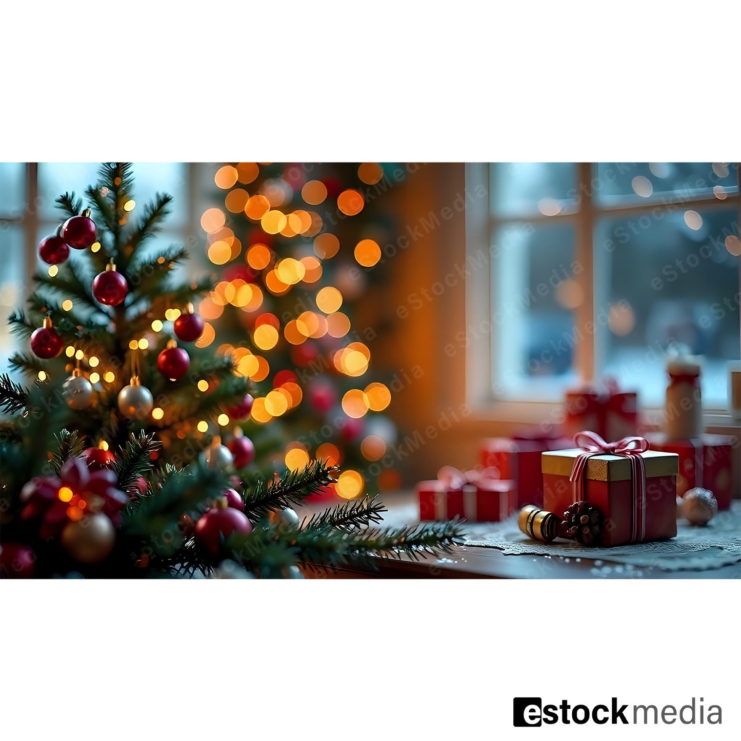 Christmas tree with colorful ornaments, warm lights, and presents on a table, creating a cozy festive ambiance.