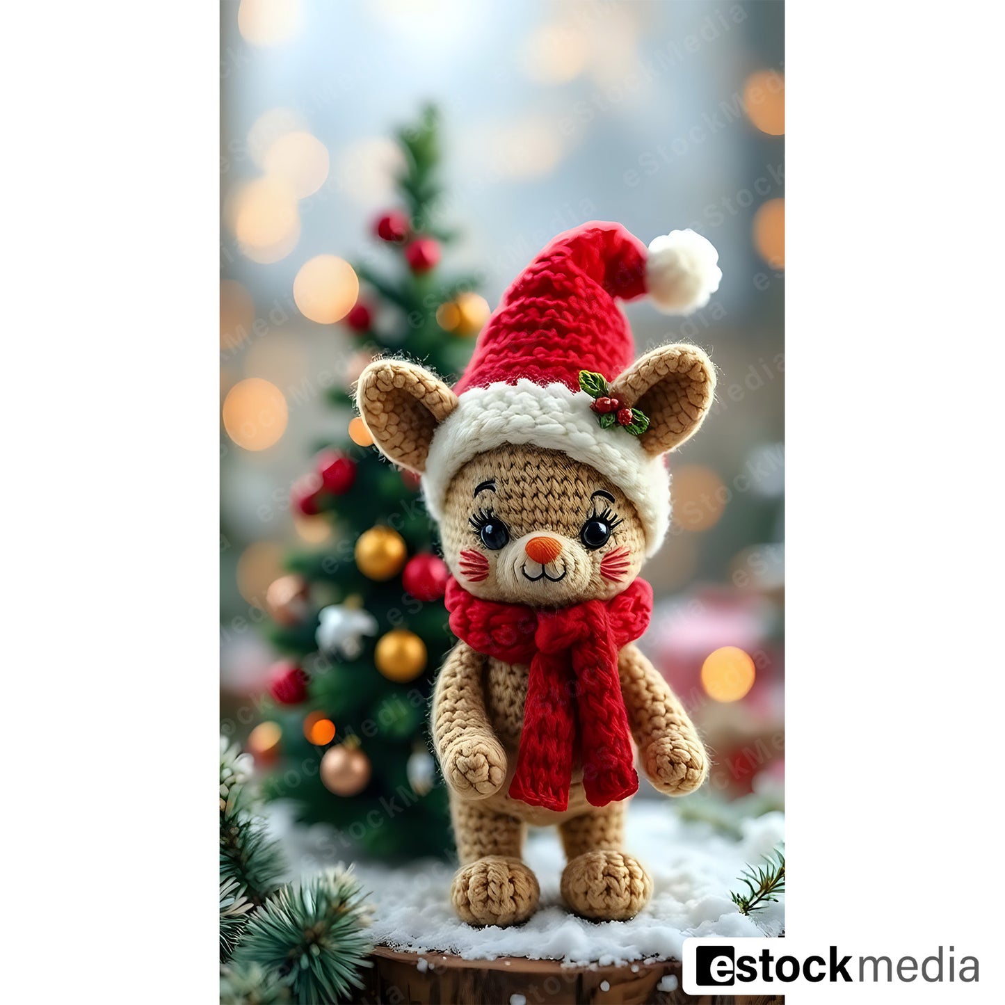 Crocheted bunny doll in a Santa hat and scarf, standing in front of a decorated Christmas tree.