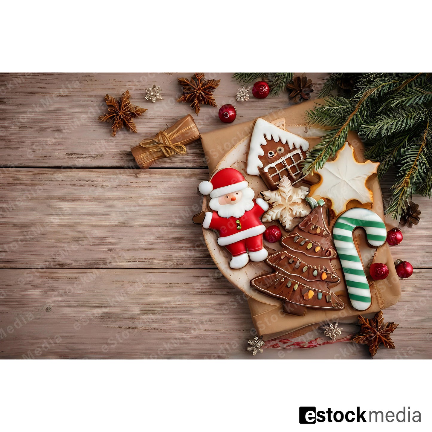 Assorted gingerbread cookies with Santa, tree, house and candy cane on wooden table