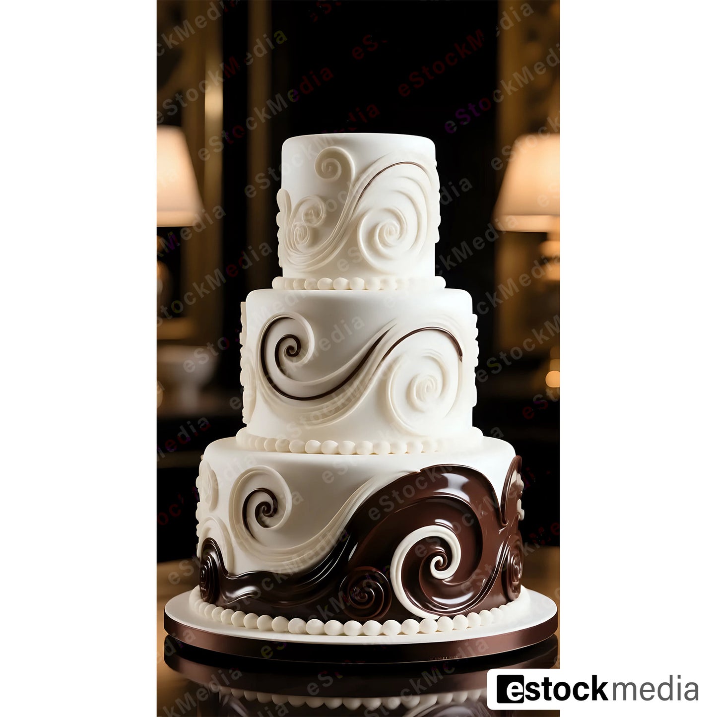 Three-tiered cake in white and dark chocolate with decorative swirls, presented on a round base.