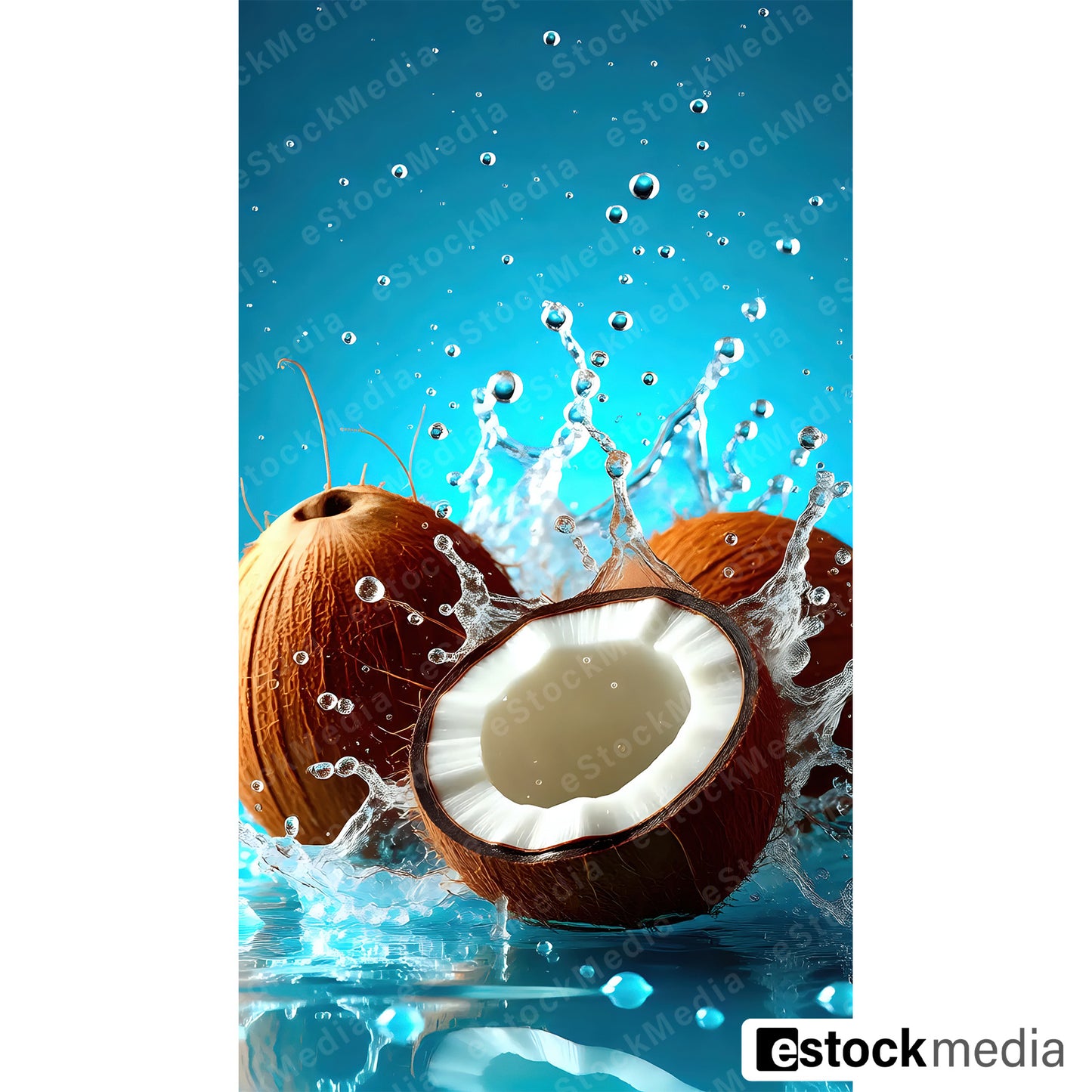 Three coconuts with one cracked open showing white flesh erupting in a high-speed water splash on turquoise background.
