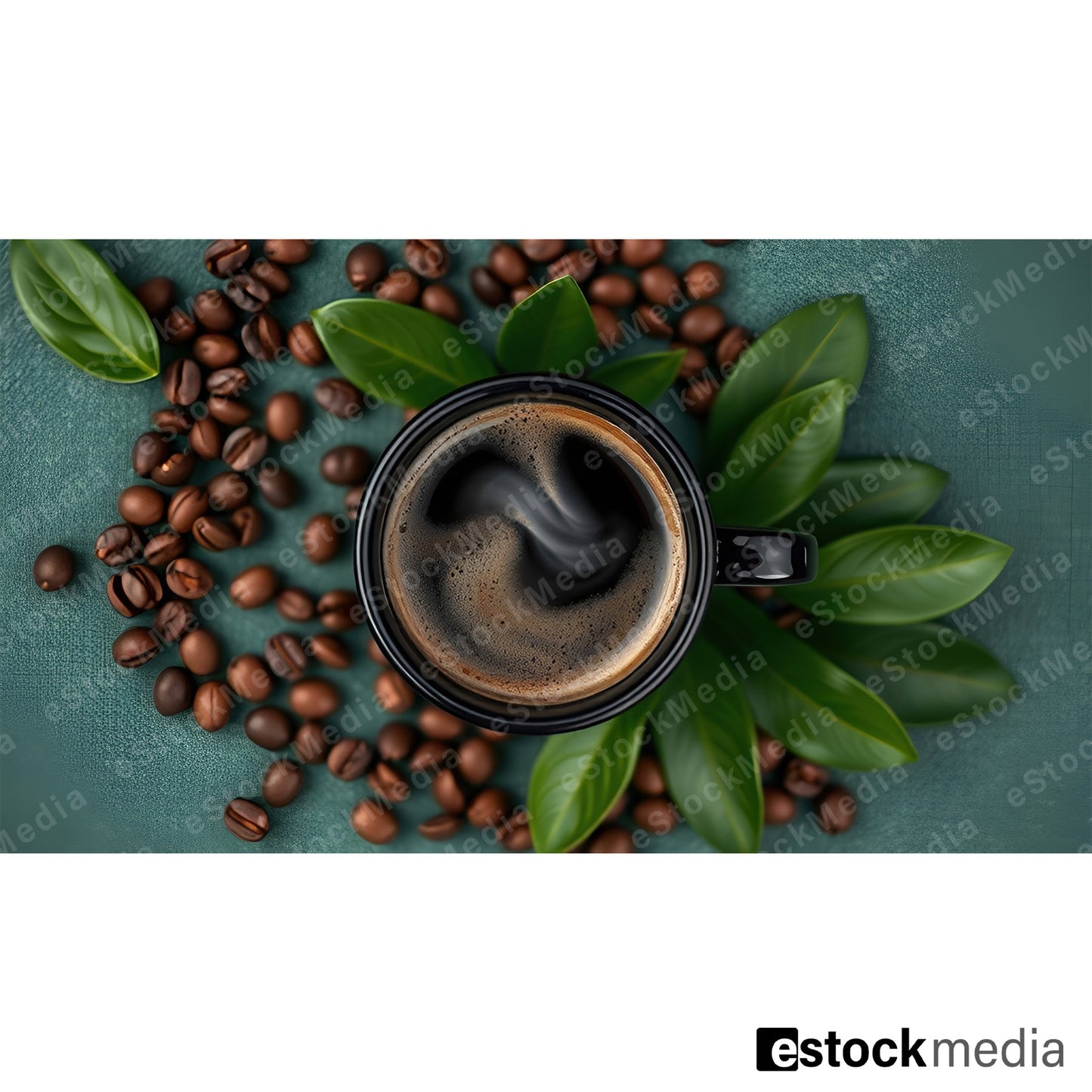 Overhead view of steaming black coffee in dark cup, surrounded by roasted coffee beans and green leaves on teal background