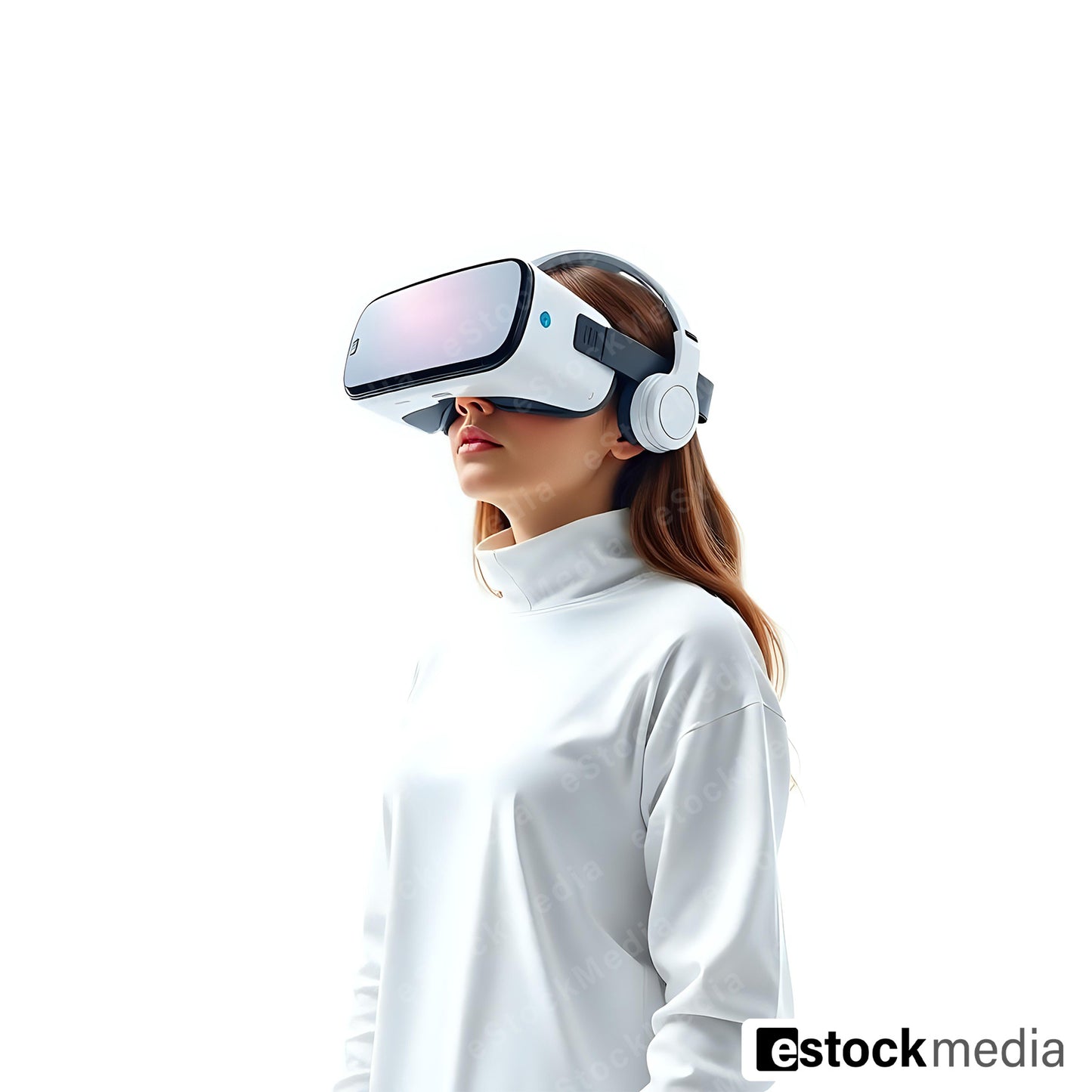 A woman wearing a modern virtual reality headset, appearing engaged in a digital experience.