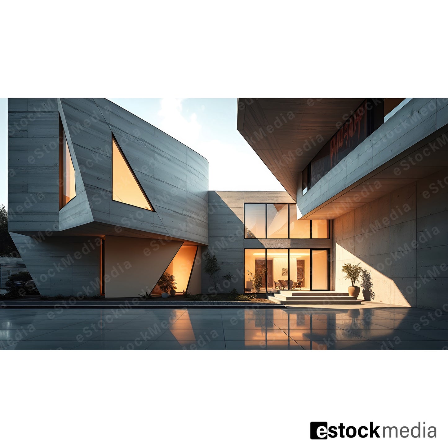 A modern architectural building featuring geometric shapes and large glass windows, with reflections on the polished surface and warm lighting.