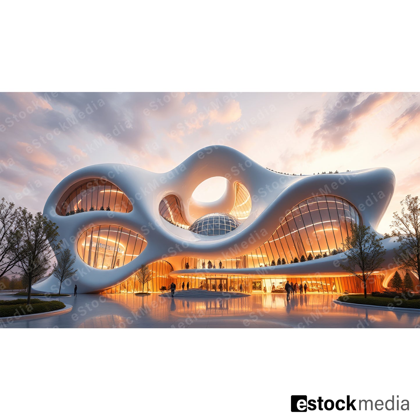 A sculptural building with a fluid design, featuring large openings and glass elements, illuminated against a sunset sky, surrounded by greenery.