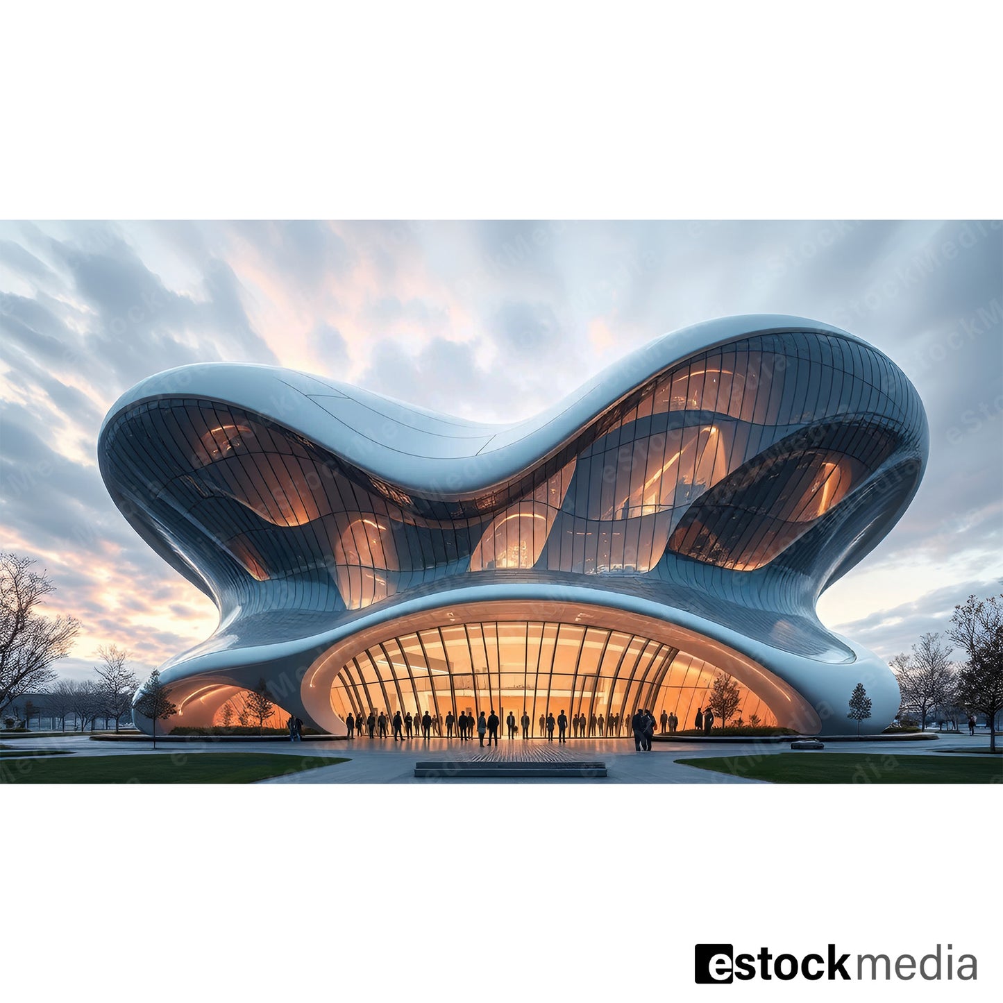 A modern building with a fluid, wave-like design and large glass windows, illuminated at dusk against a colorful sky, surrounded by landscaped greenery