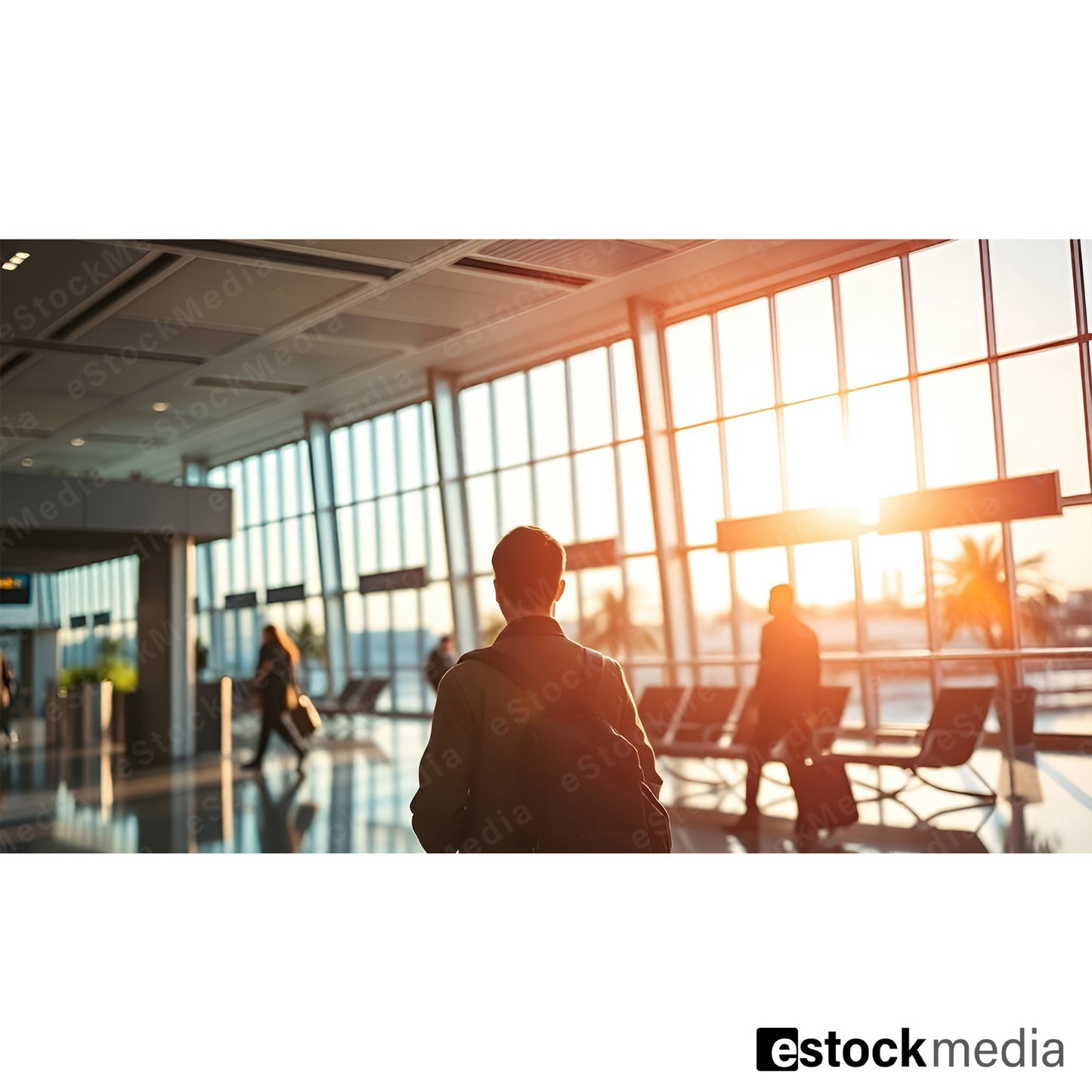Business traveler at airport terminal during sunset with warm golden lighting and travelers in background