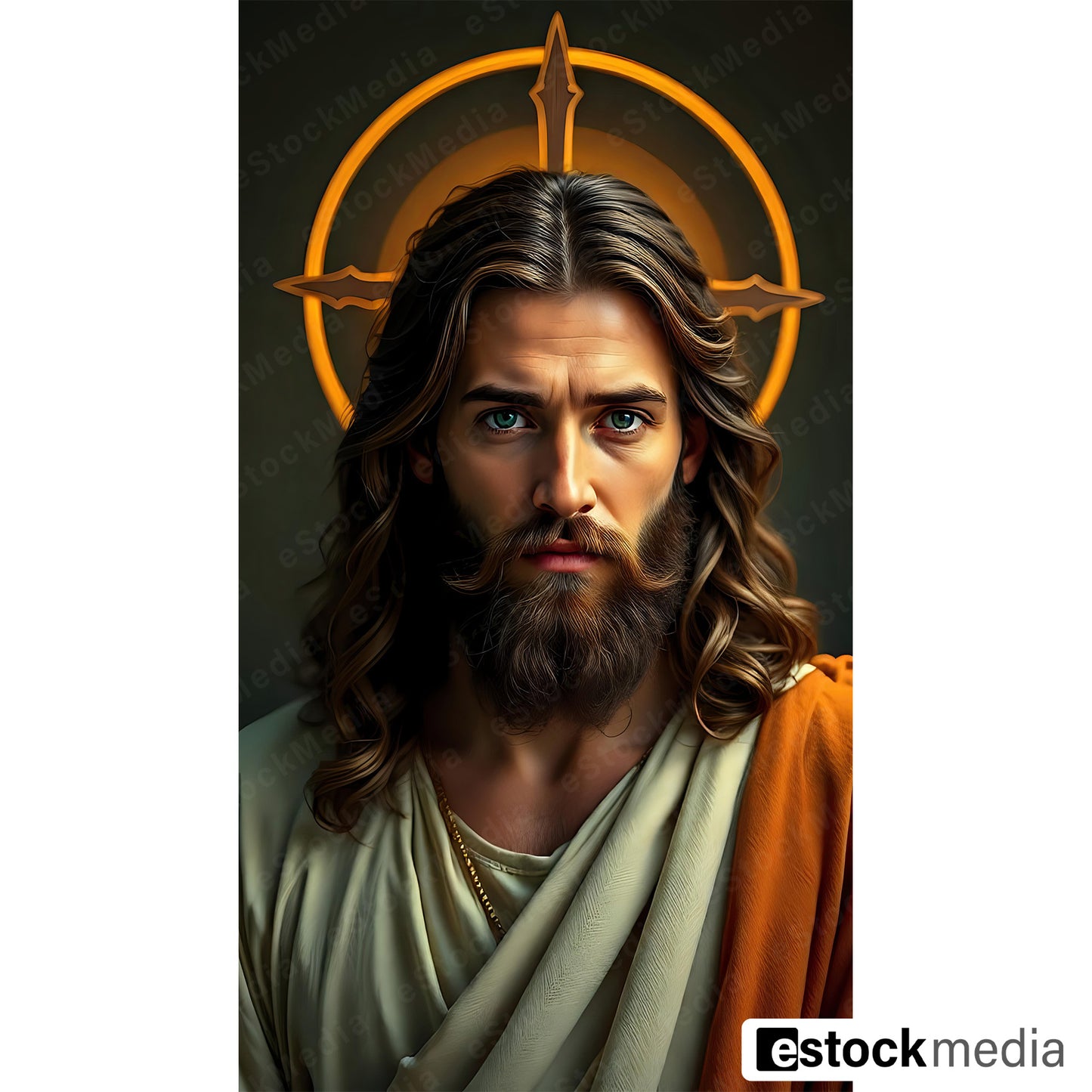 Jesus Christ modern portrait illustration with golden cross halo wearing green robe and orange mantle
