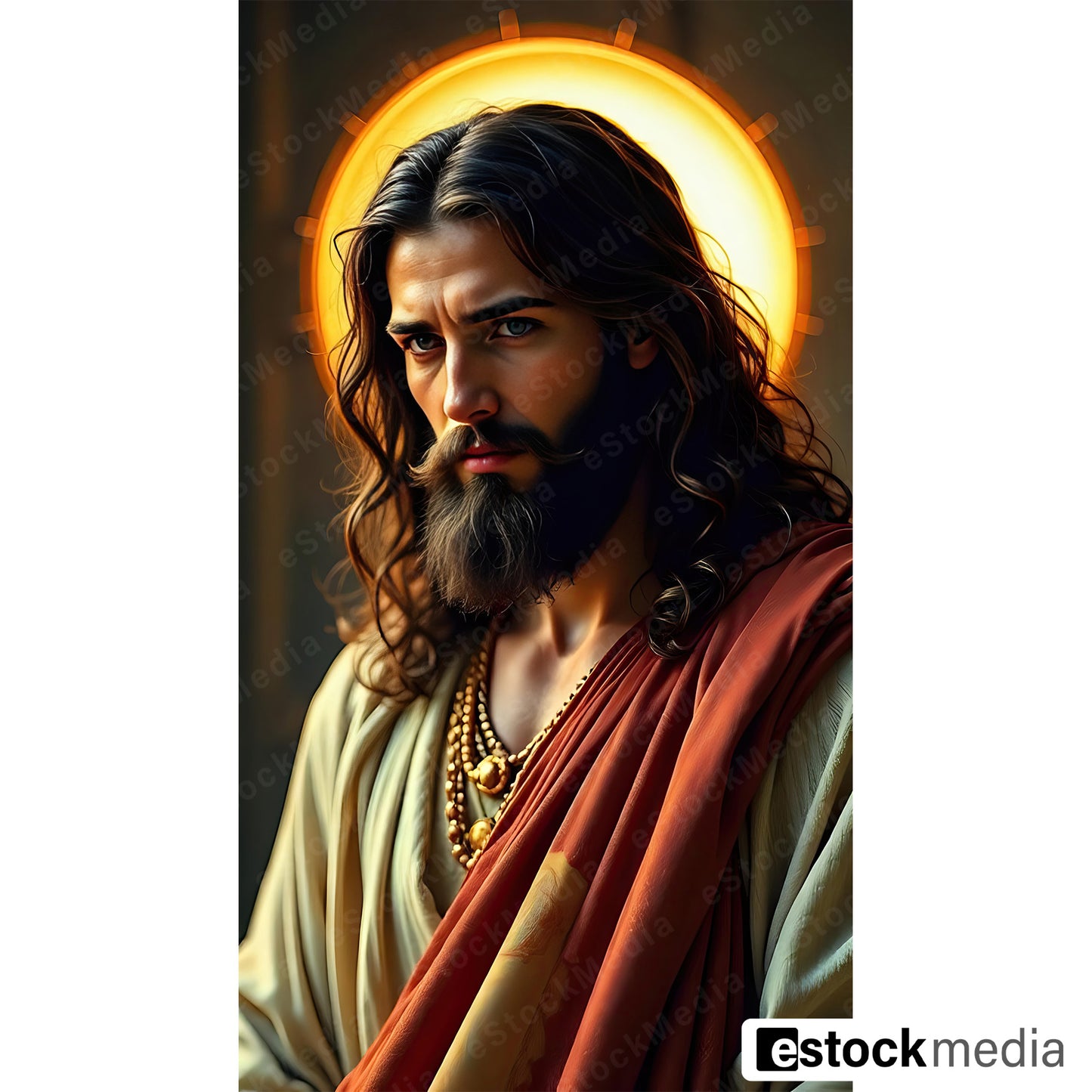 Jesus Christ modern portrait illustration with golden halo wearing white and red robes with golden jewelry
