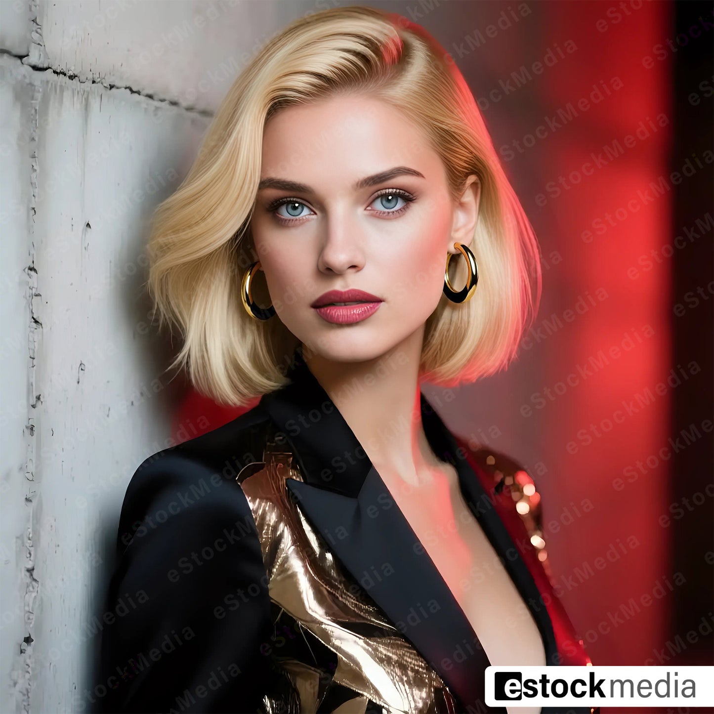Elegant blonde woman in black blazer with metallic gold lapel detail against modern architectural background with red lighting
