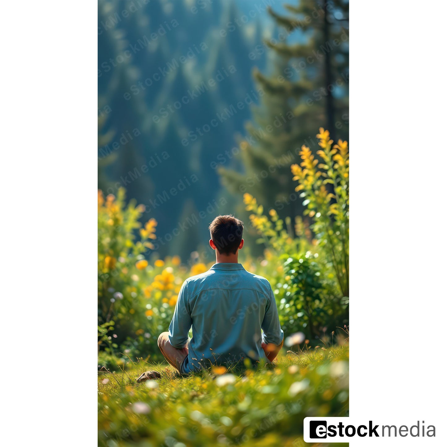 Young man with short dark hair in light blue shirt meditating in lotus pose from behind in sunny wildflower meadow with pine forest