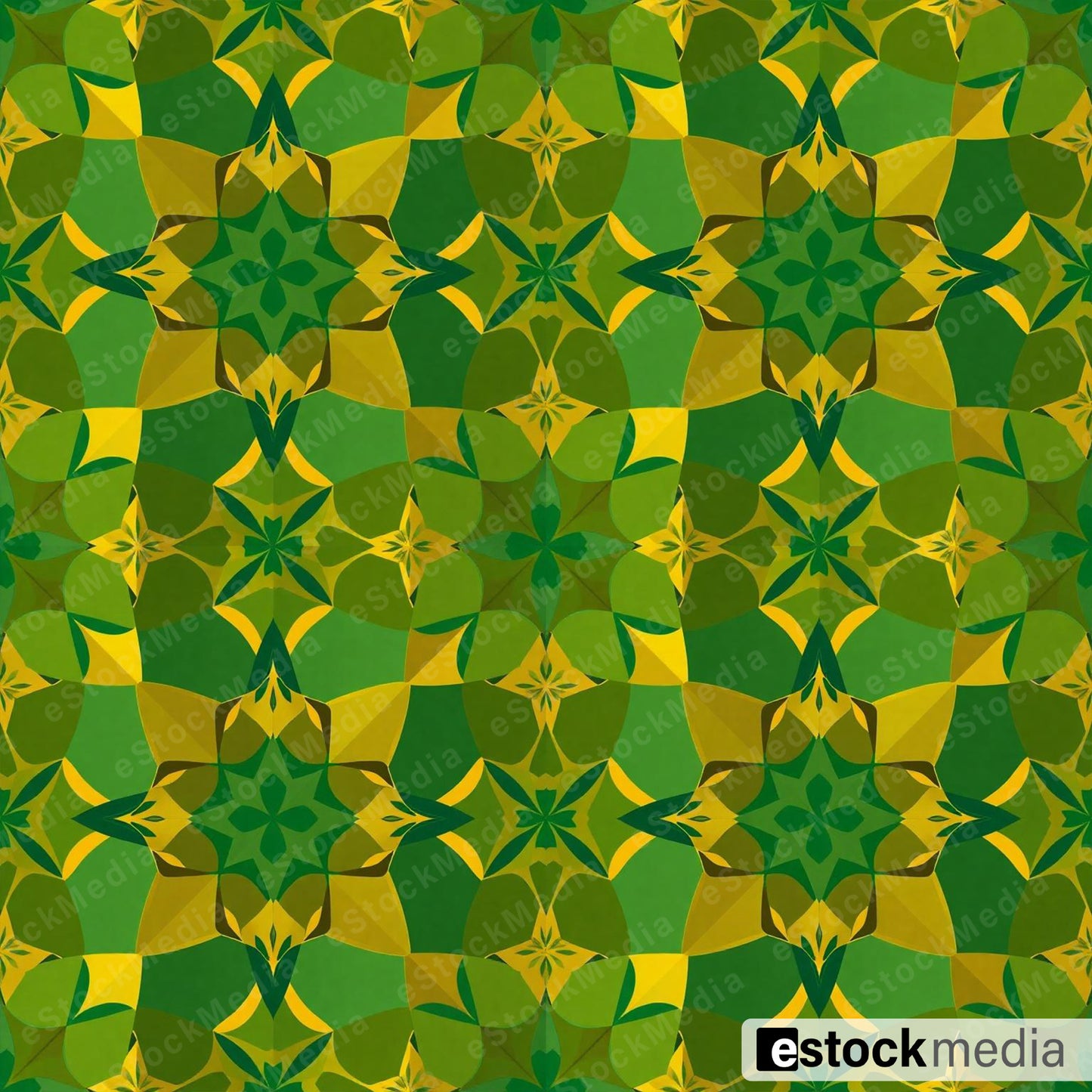 Seamless kaleidoscope pattern with green and yellow geometric star medallions featuring diamond shapes on olive green background