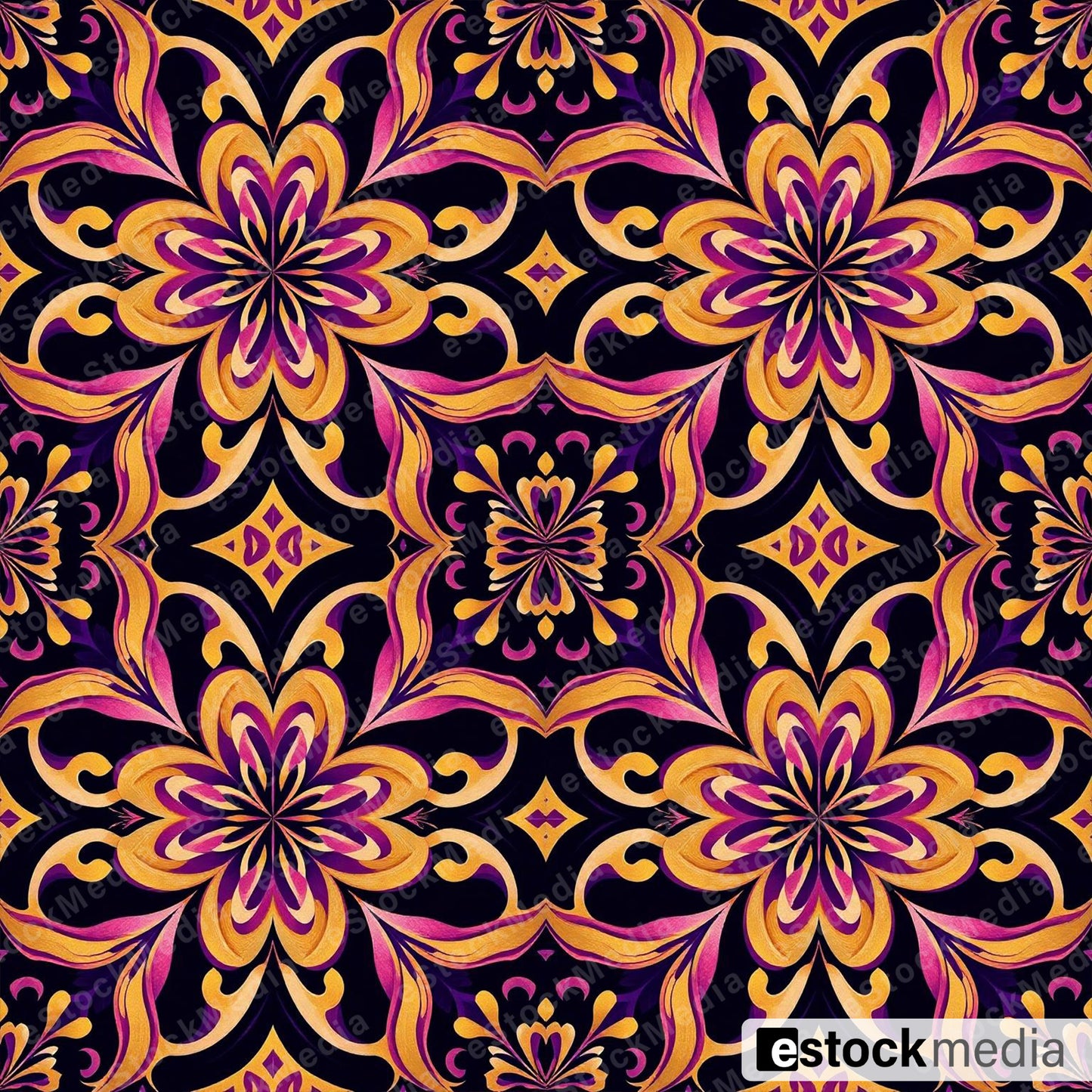 Seamless ornamental pattern with golden yellow and pink Art Nouveau scrollwork featuring star-shaped floral medallions on black and purple background