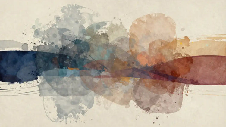 Abstract watercolor painting with navy blue and warm terracotta tones, flowing ink splashes and soft washes on cream background