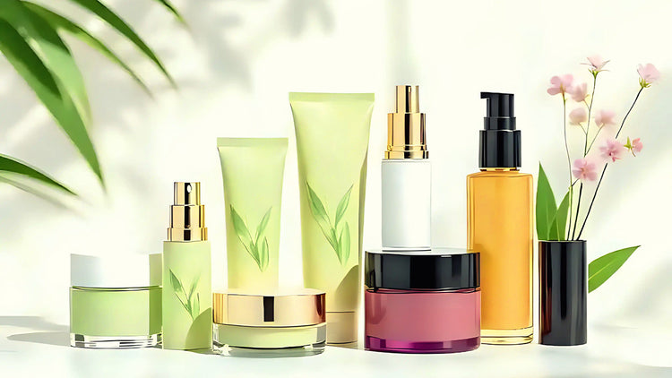 Luxury skincare product lineup with green tea bottles, serum, cream jar and amber oil bottle with pink flowers and palm leaves