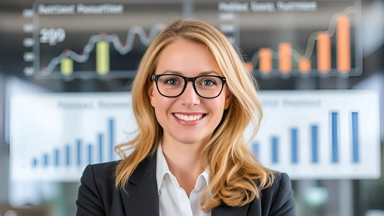 Confident blonde businesswoman with glasses smiling in front of financial charts and bar graphs dashboard