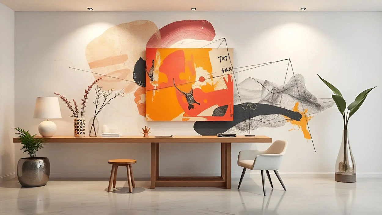 Modern interior with abstract wall art in orange, red and black tones, wooden console table, white chair and tropical plants