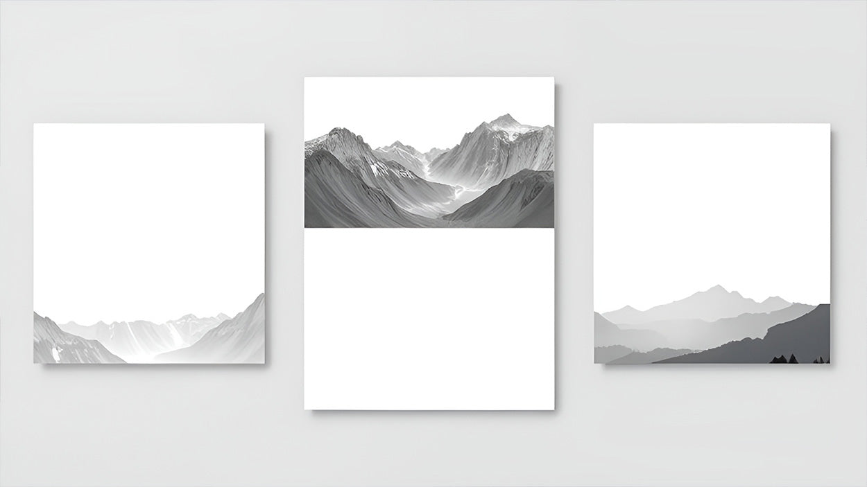 Three minimalist mountain landscape prints in black and white on light grey background