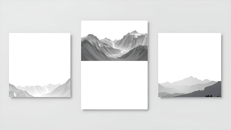 Three minimalist mountain landscape prints in black and white on light grey background