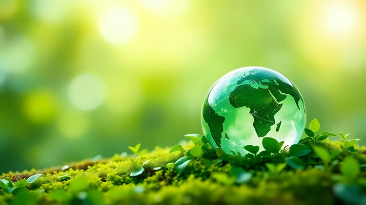 Green glass globe resting on lush moss and clover leaves with soft sunlight bokeh, environmental sustainability concept