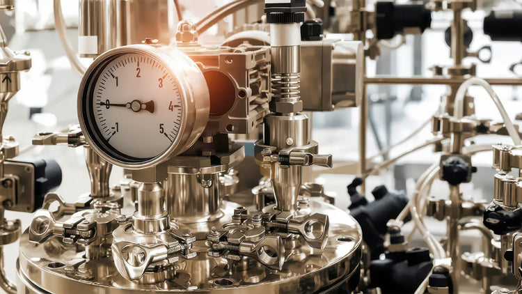Close-up of stainless steel industrial pressure gauge and valve fittings in laboratory