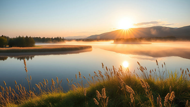 Golden sunrise over misty lake with reed grass, mountain silhouette and sun reflection on calm water