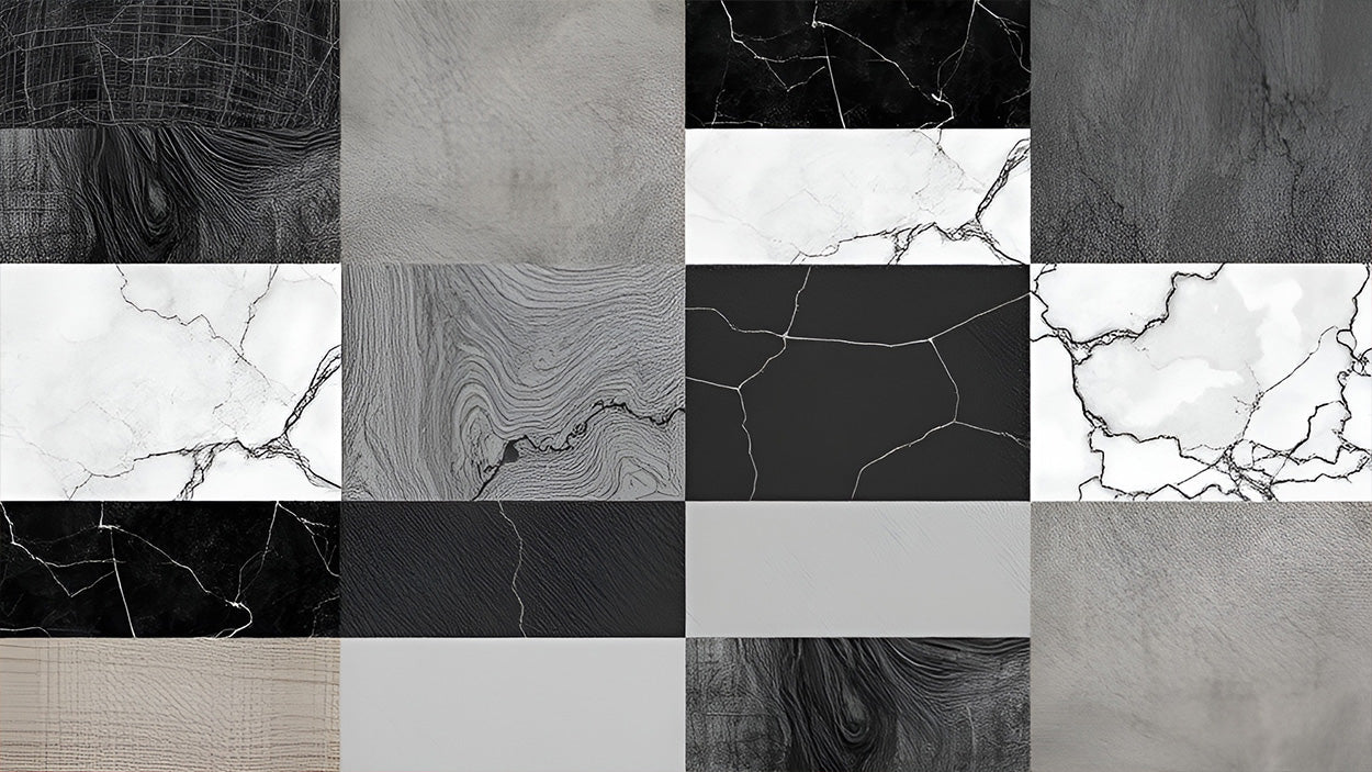 Black and white texture collage featuring marble, wood grain and concrete surface patterns