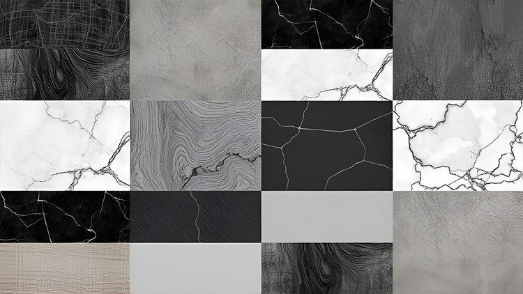 Black and white texture collage featuring marble, wood grain and concrete surface patterns
