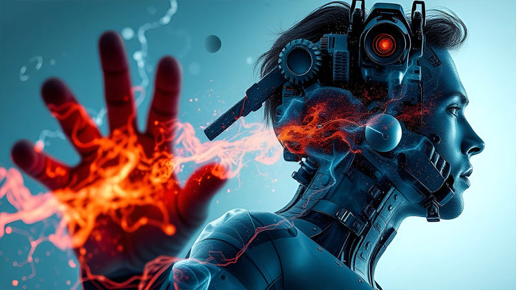 Cyborg human with mechanical head implants and glowing red energy flames from hand, digital illustration