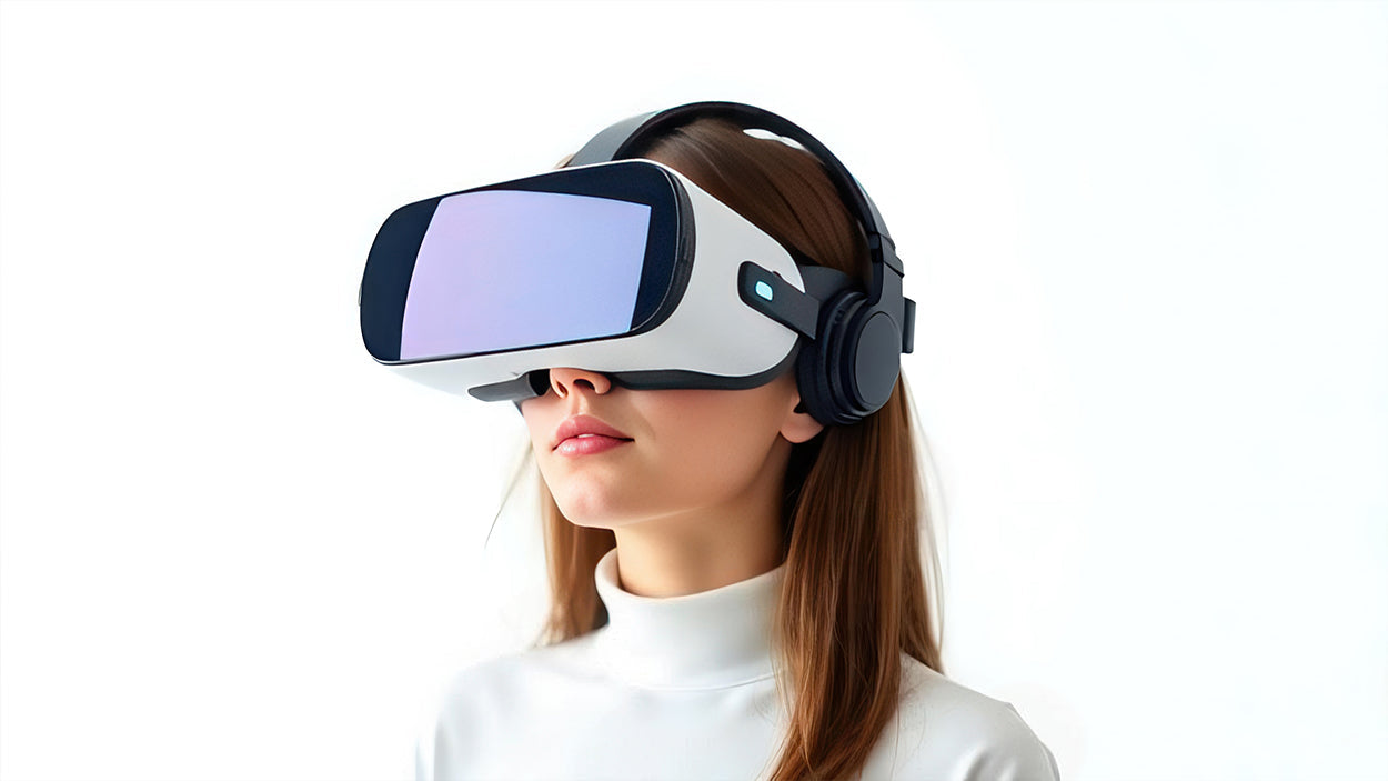 Young woman wearing VR headset with headphones and blue lenses on white background, immersive virtual reality experience