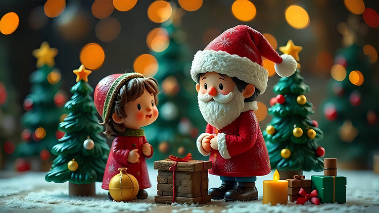 Christmas Magic Santa figurine with child festive decorations miniature trees holiday photography