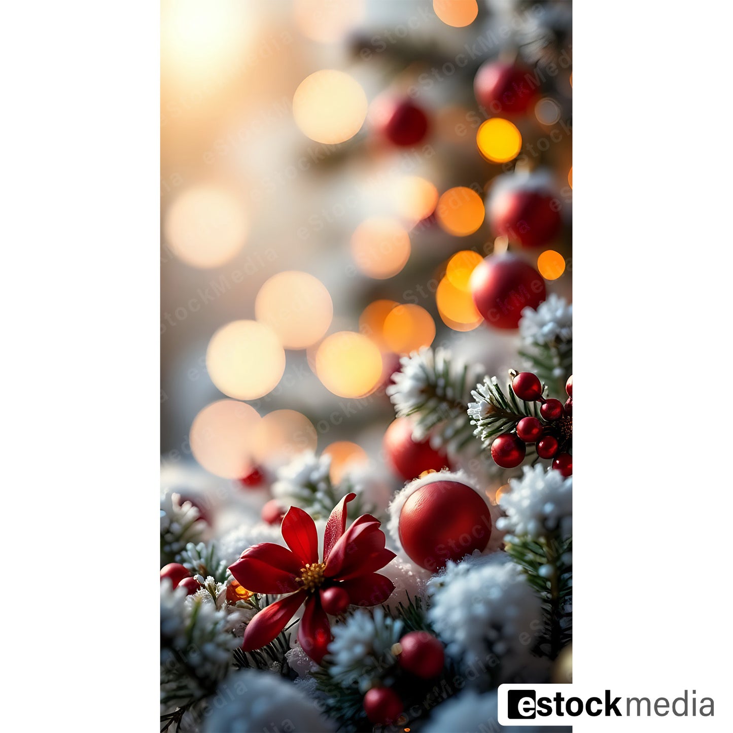 Close-up view of a Christmas tree branch featuring red ornaments and flowers with a bokeh background.