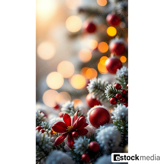Close-up view of a Christmas tree branch featuring red ornaments and flowers with a bokeh background.