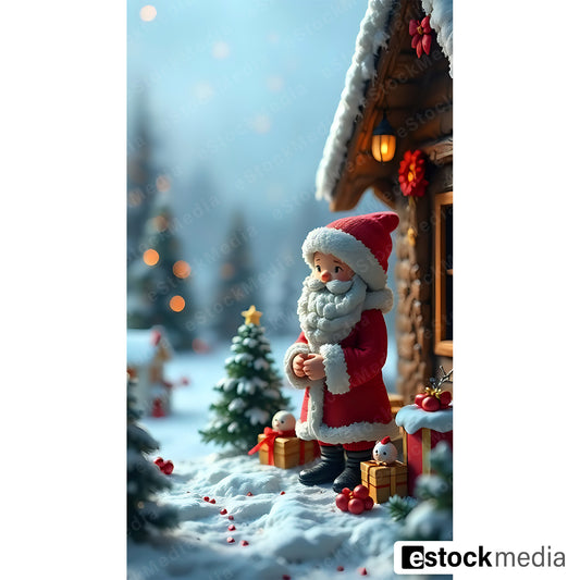 Santa Claus figurine standing in front of a cozy cabin with snow and Christmas decorations.