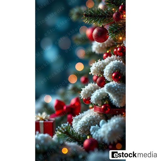 Close-up of a Christmas tree with white decorations, red ornaments, and a gift box.