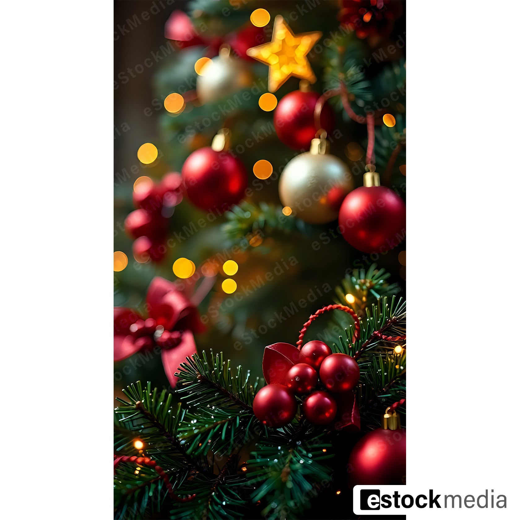 Close-up of Christmas tree ornaments including red baubles and a golden star.