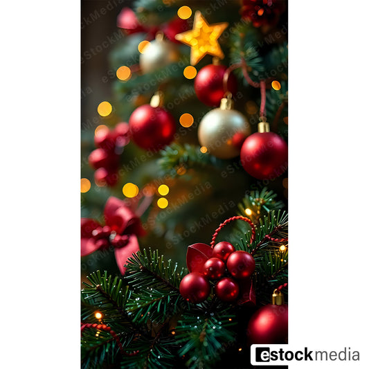 Close-up of Christmas tree ornaments including red baubles and a golden star.