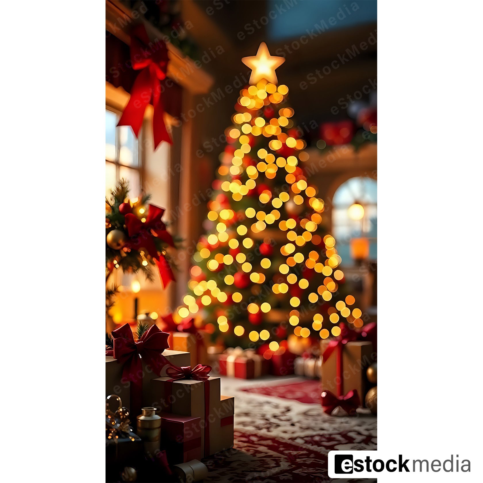 Close-up of Christmas tree ornaments including red baubles and a golden star.