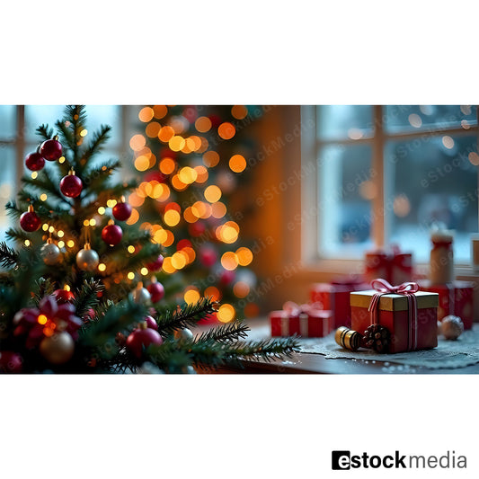 Christmas tree with colorful ornaments, warm lights, and presents on a table, creating a cozy festive ambiance.