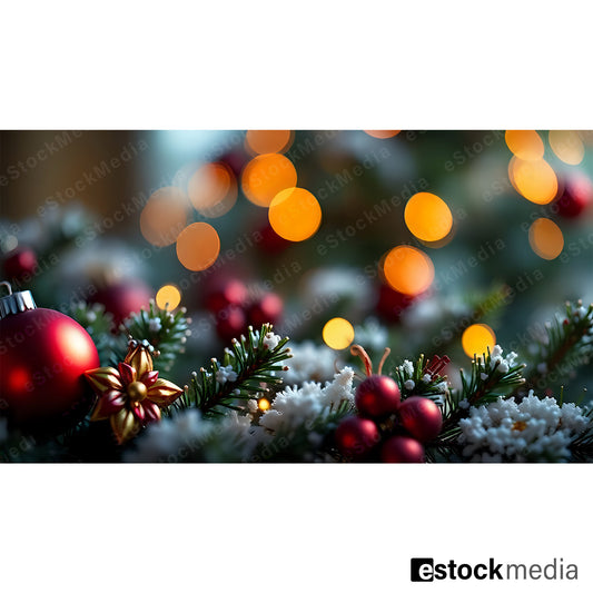 Red Christmas ornaments surrounded by greenery and bokeh lights, creating a festive ambiance.