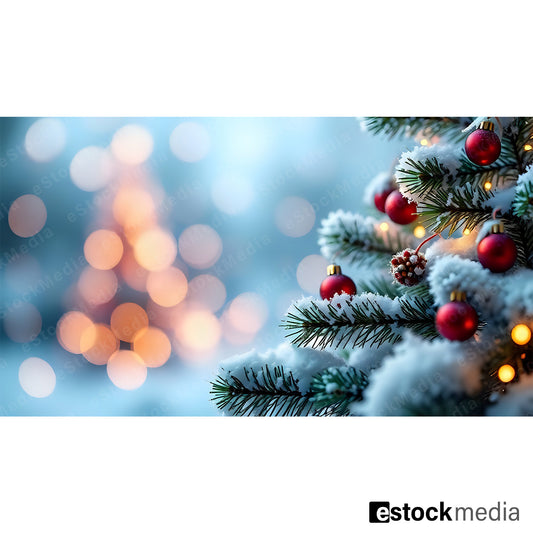 Close-up of a Christmas tree branch with red ornaments and warm bokeh lights in the background.
