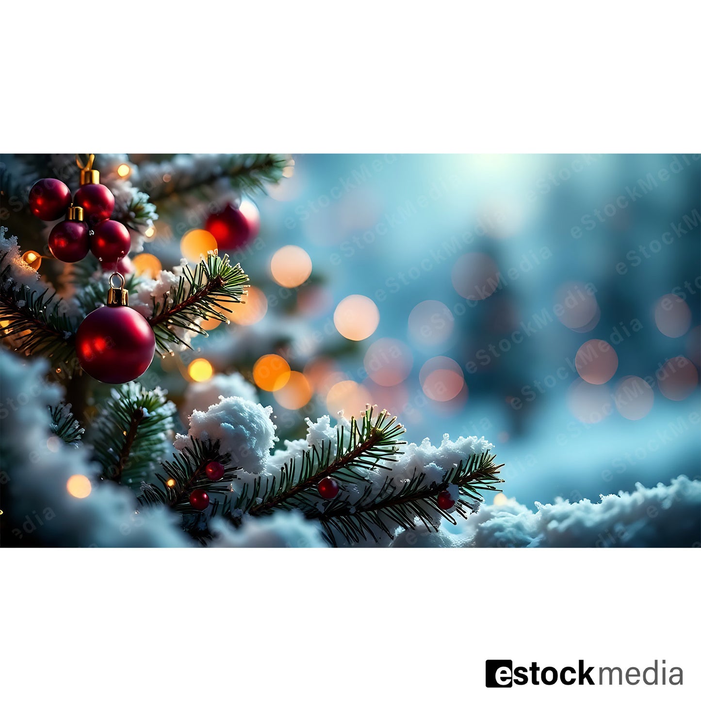 Close-up of a Christmas tree branch with red ornaments and snow, featuring warm bokeh lights in the background.