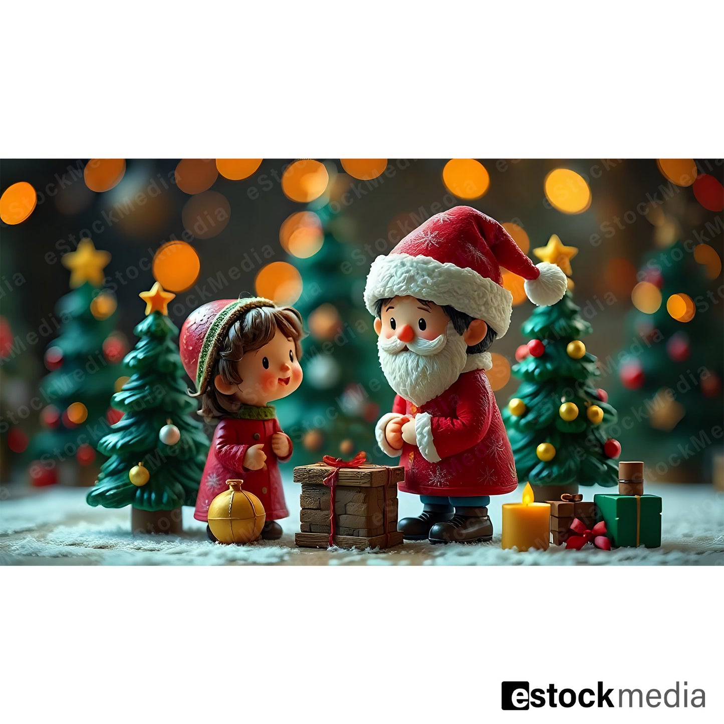 Santa Claus figurine in festive Christmas setting with trees and lights
