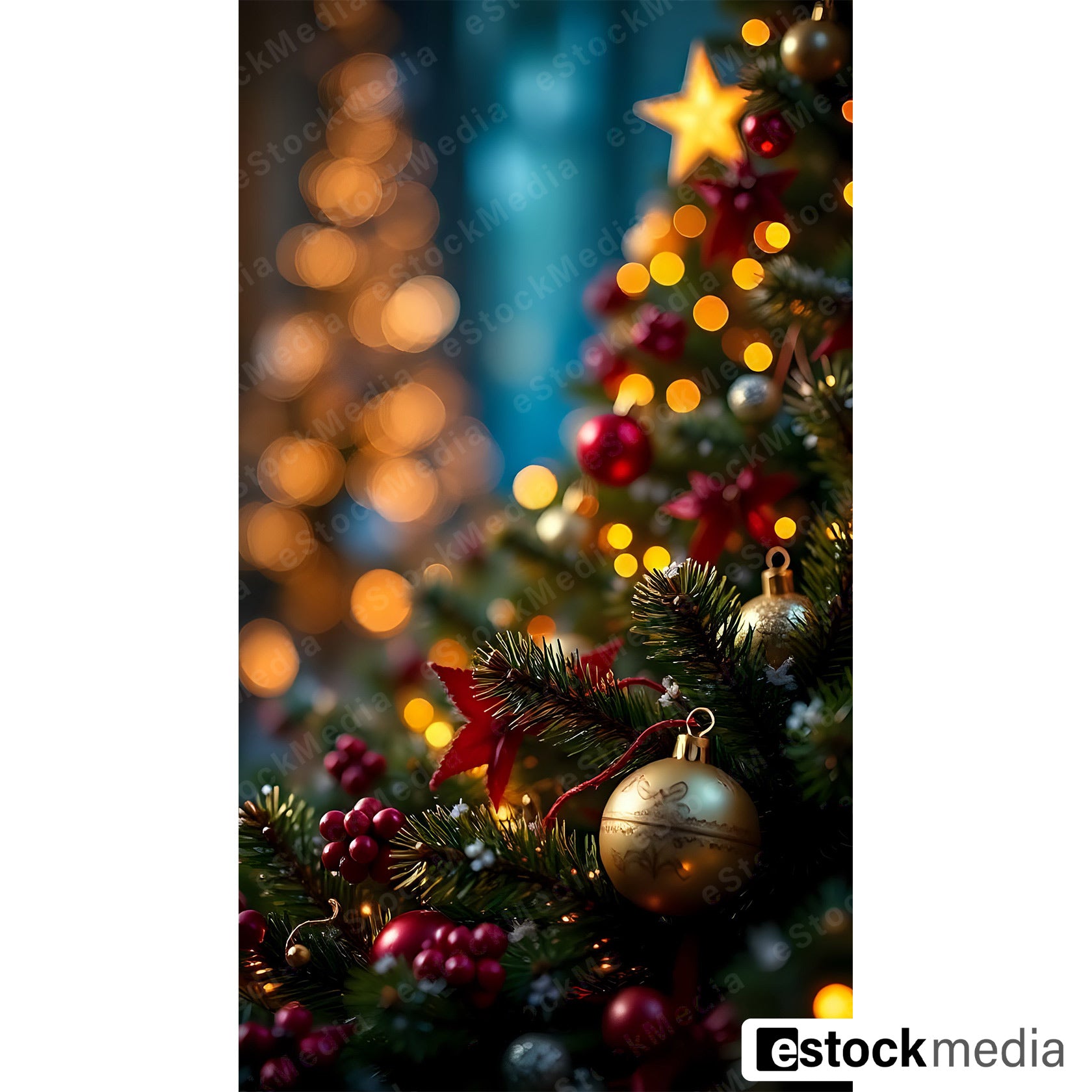 Decorated Christmas tree with golden and red ornaments and blurred lights in the background.