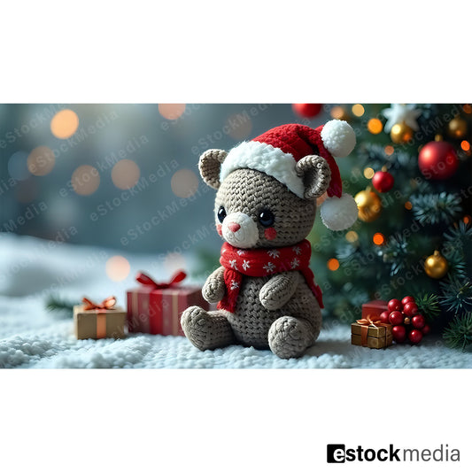 Crocheted Christmas bear in a Santa hat and scarf, sitting beside colorful ornaments and gifts.