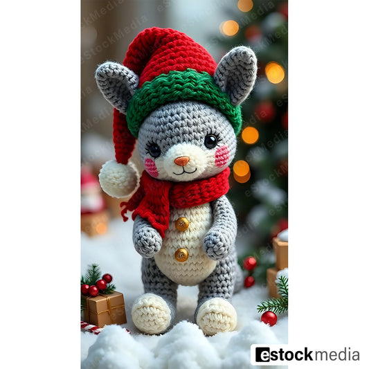 Crocheted bunny figurine in a Santa hat, surrounded by Christmas decorations and snow.