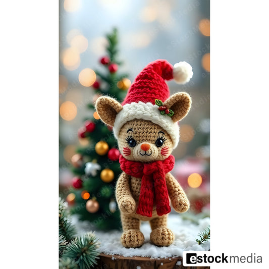 Crocheted bunny doll in a Santa hat and scarf, standing in front of a decorated Christmas tree.