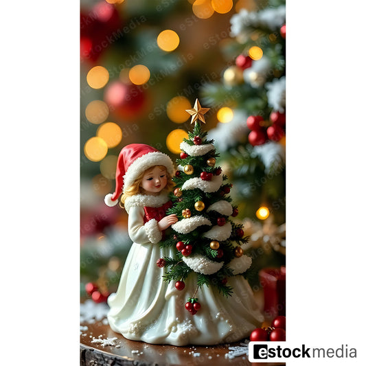 Christmas figurine in Santa hat with decorated tree and warm bokeh lights