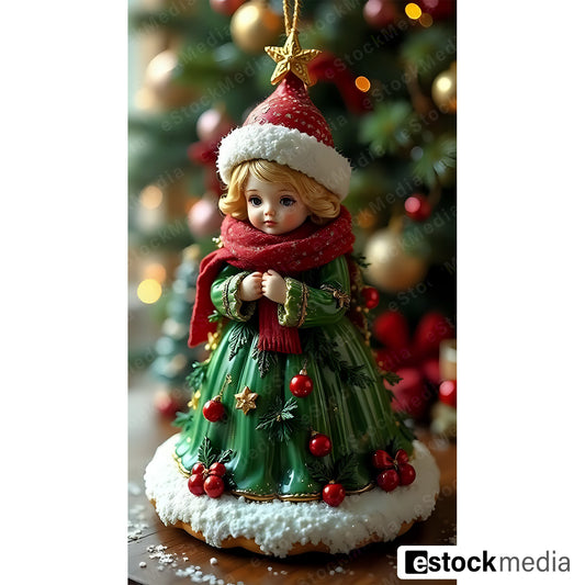 Christmas figurine in green dress and Santa hat on snowy base with decorated tree